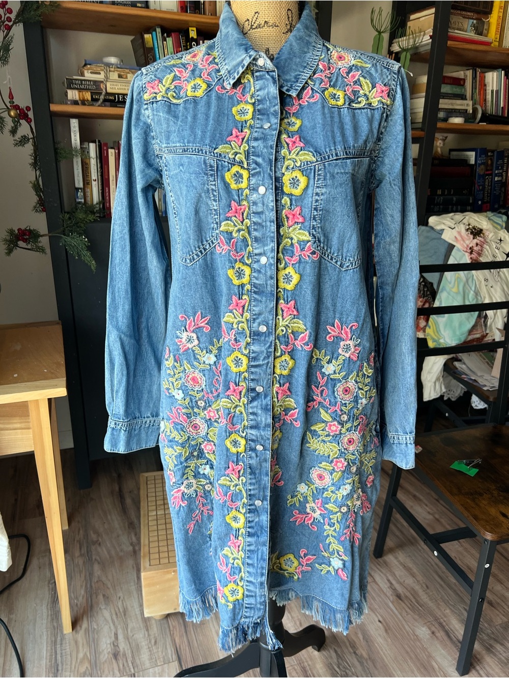 Denim Embroidered Long-Sleeve Shirt Dress in Blue with Pink & Yellow Floral